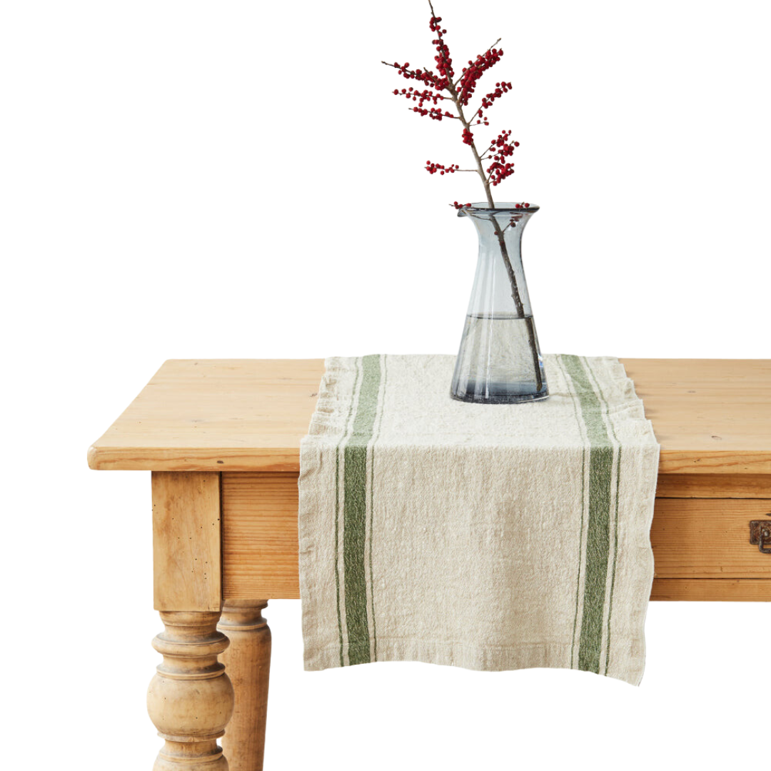 vintage linen table runner *リネンテーブルクロス① Green Stripe Vintage Linen Table Runner | Forest Homes