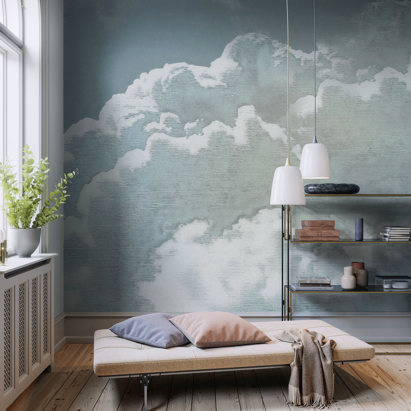 Modern living room with cloud-themed wallpaper, a bench, and decorative items - vintage cloud wallpaper