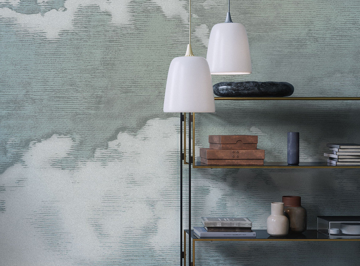 Modern interior design with pendant lights and shelves against a vintage cloud wallpaper