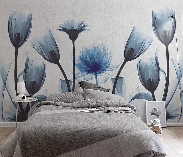 Blue Flowers Mural Wallpaper-Wall Decor-DESIGN WALLPAPERS, ECO MURALS, FLORAL WALLPAPERS, MURALS, MURALS / WALLPAPERS-Forest Homes-Nature inspired decor-Nature decor