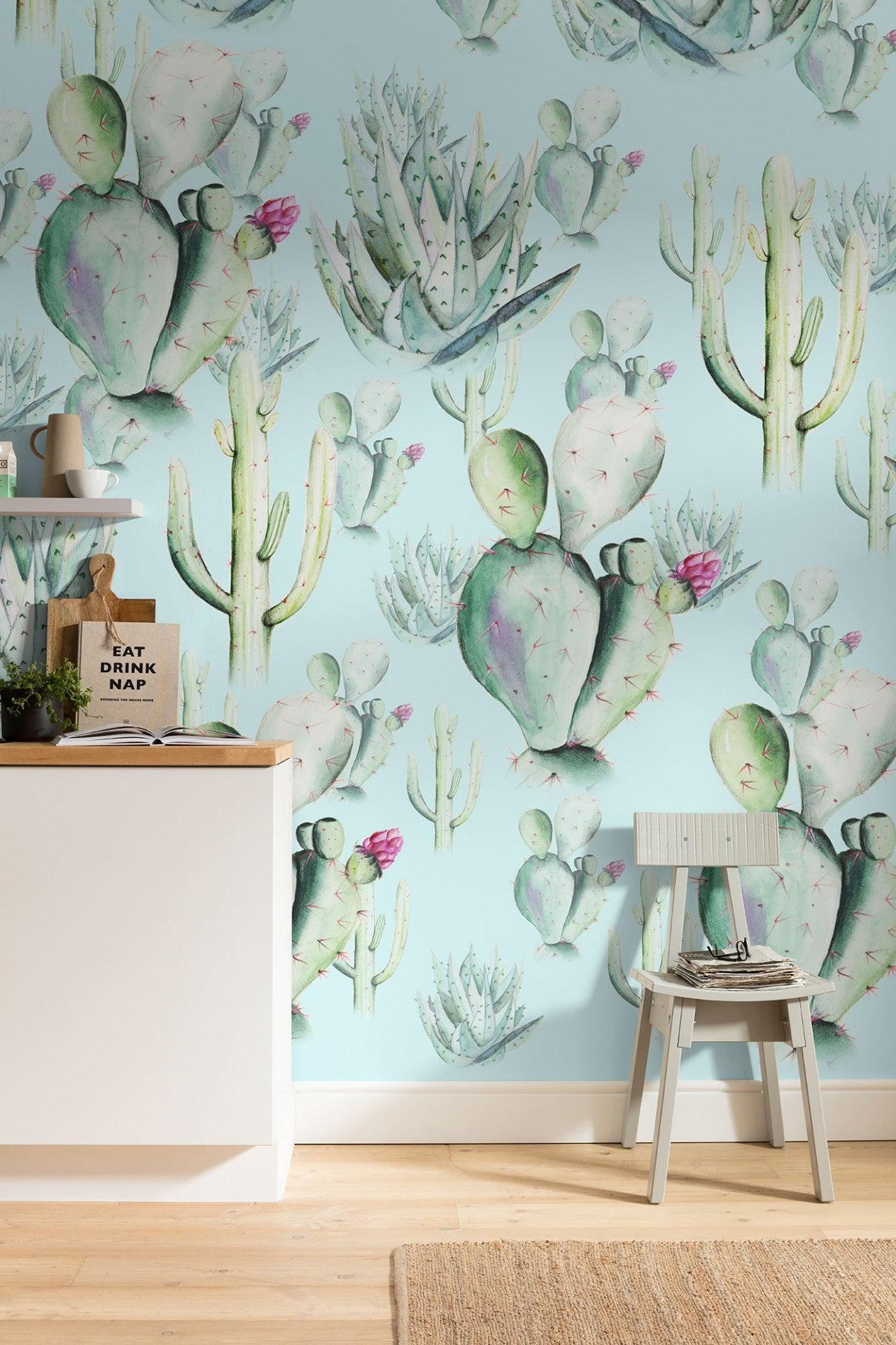 Cactus Blue Mural Wallpaper