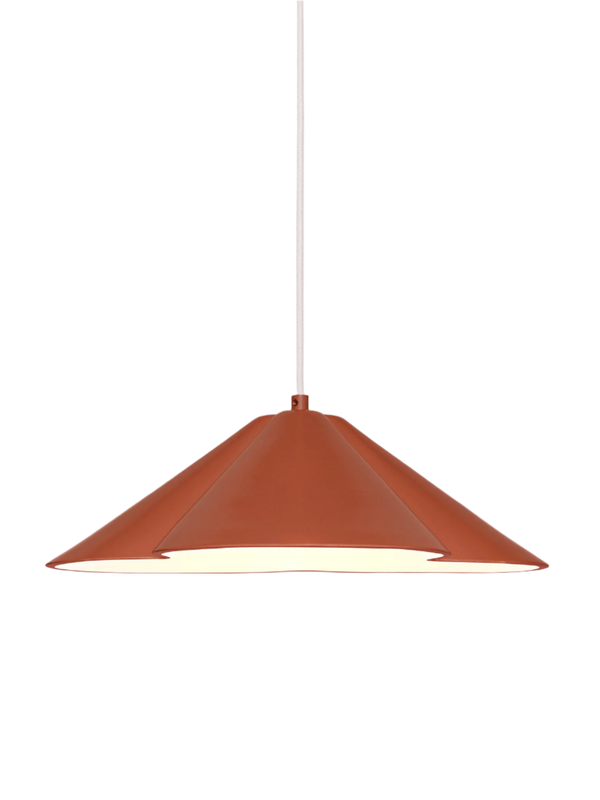 Red ceramic hanging lamp on a plain background