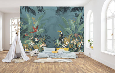 Enchanted Jungle Mural Wallpaper-Wall Decor-BIRD WALLPAPERS, ECO MURALS, JUNGLE WALLPAPER, LEAF WALLPAPER, MURALS, MURALS / WALLPAPERS, NON-WOVEN WALLPAPER, PALM WALLPAPER, TROPICAL MURAL-Forest Homes-Nature inspired decor-Nature decor