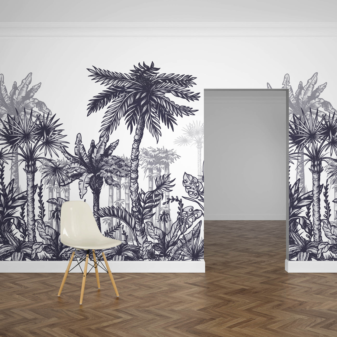 Black and White Palm Tree Mural Wallpaper (m²)-Wall Decor-BLACK & WHITE WALLPAPER, LEAF WALLPAPER, MURALS, MURALS / WALLPAPERS, NON-WOVEN WALLPAPER, PALM WALLPAPER, TROPICAL MURAL, TROPICAL WALLPAPERS-Forest Homes-Nature inspired decor-Nature decor