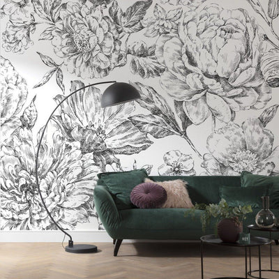 Blooming Flower Mural Wallpaper-Wall Decor-BLACK & WHITE WALLPAPER, ECO MURALS, FLORAL WALLPAPERS, MURALS, MURALS / WALLPAPERS, NON-WOVEN WALLPAPER-Forest Homes-Nature inspired decor-Nature decor