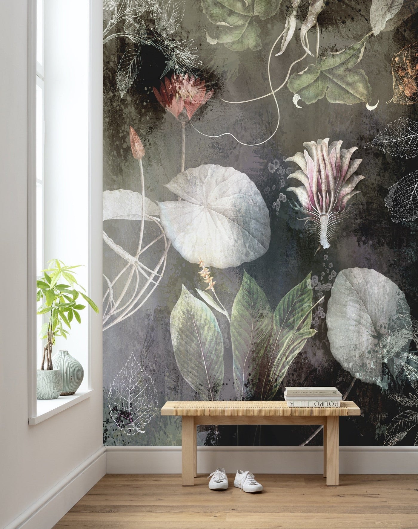 Flowers at Night Mural Wallpaper-Wall Decor-ECO MURALS, FLORAL WALLPAPERS, MURALS, MURALS / WALLPAPERS, NON-WOVEN WALLPAPER-Forest Homes-Nature inspired decor-Nature decor