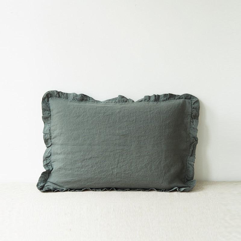 Forest Green Linen Pillowcase with Frills