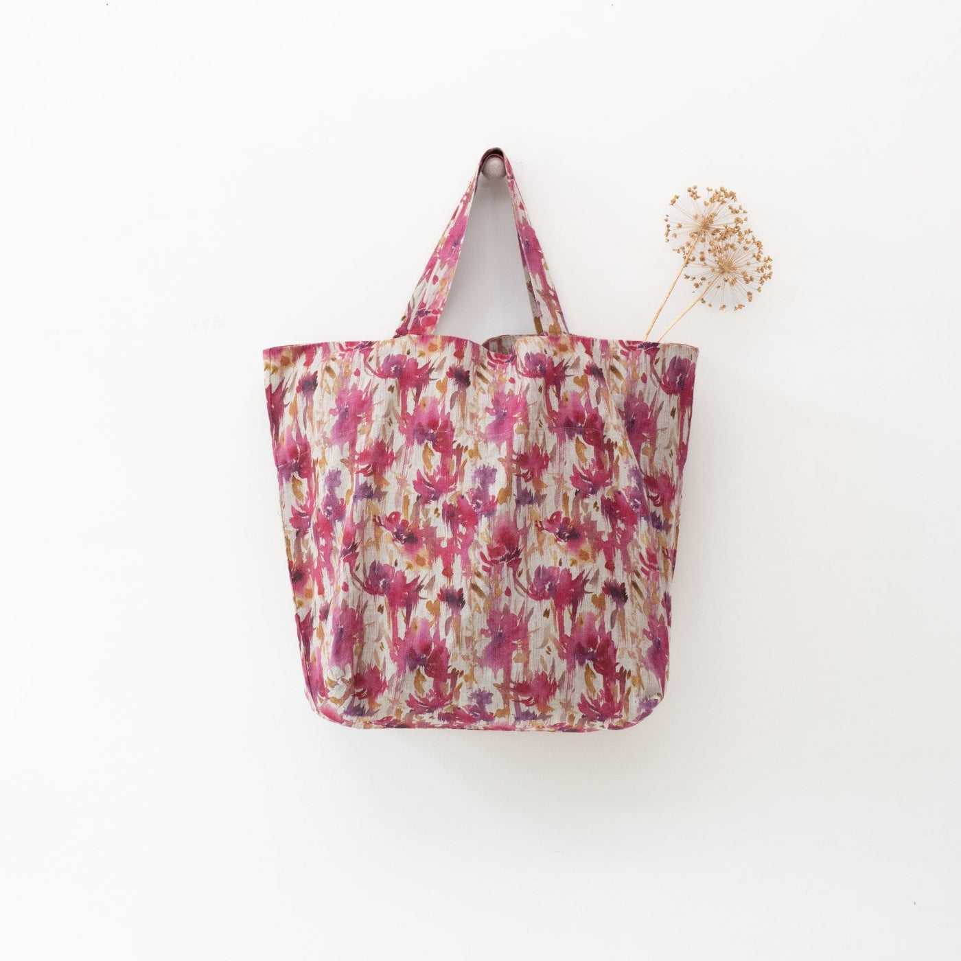 Fuchsia Flowers on Large Natural Linen Bag