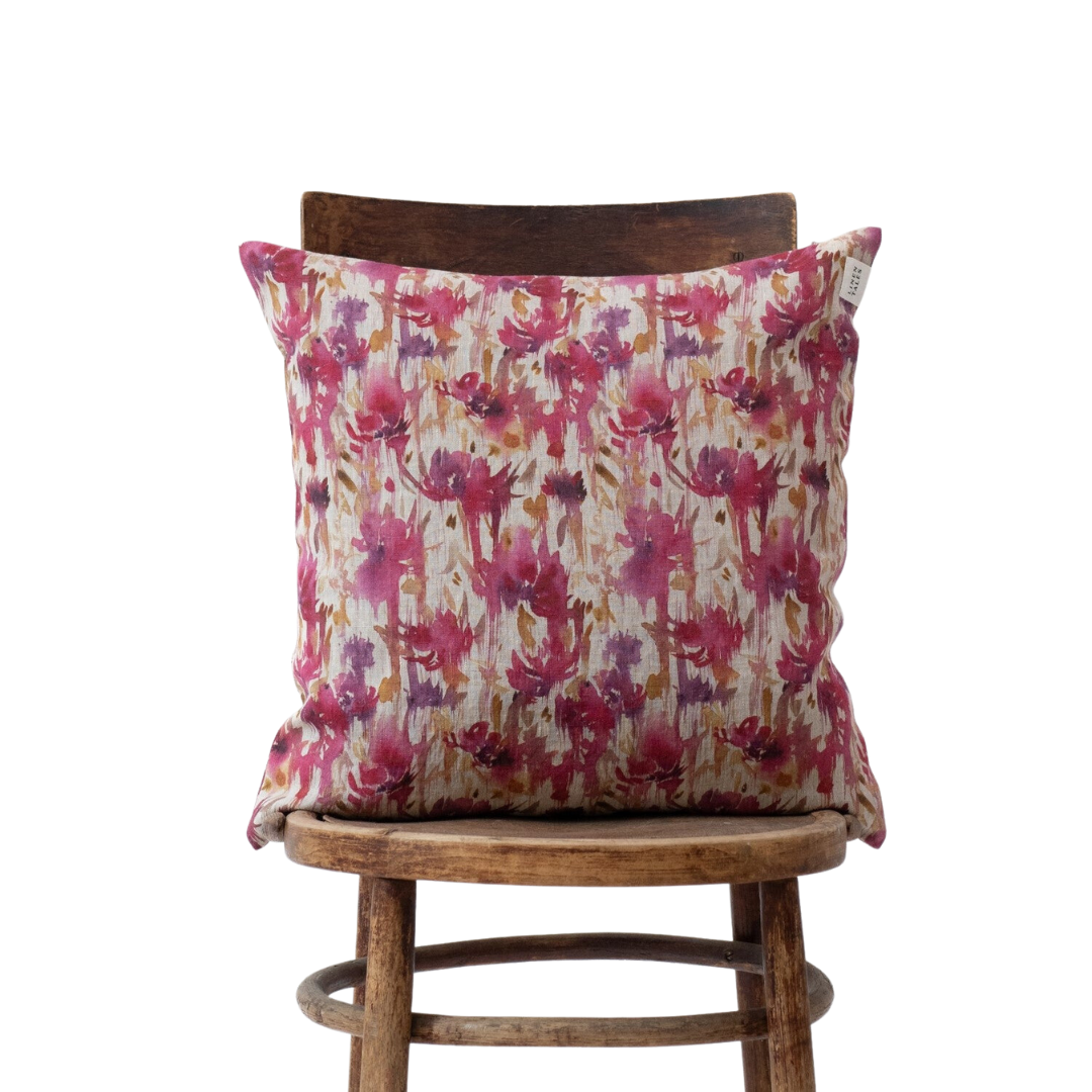 Fuchsia Flowers on Natural Linen Cushion Cover