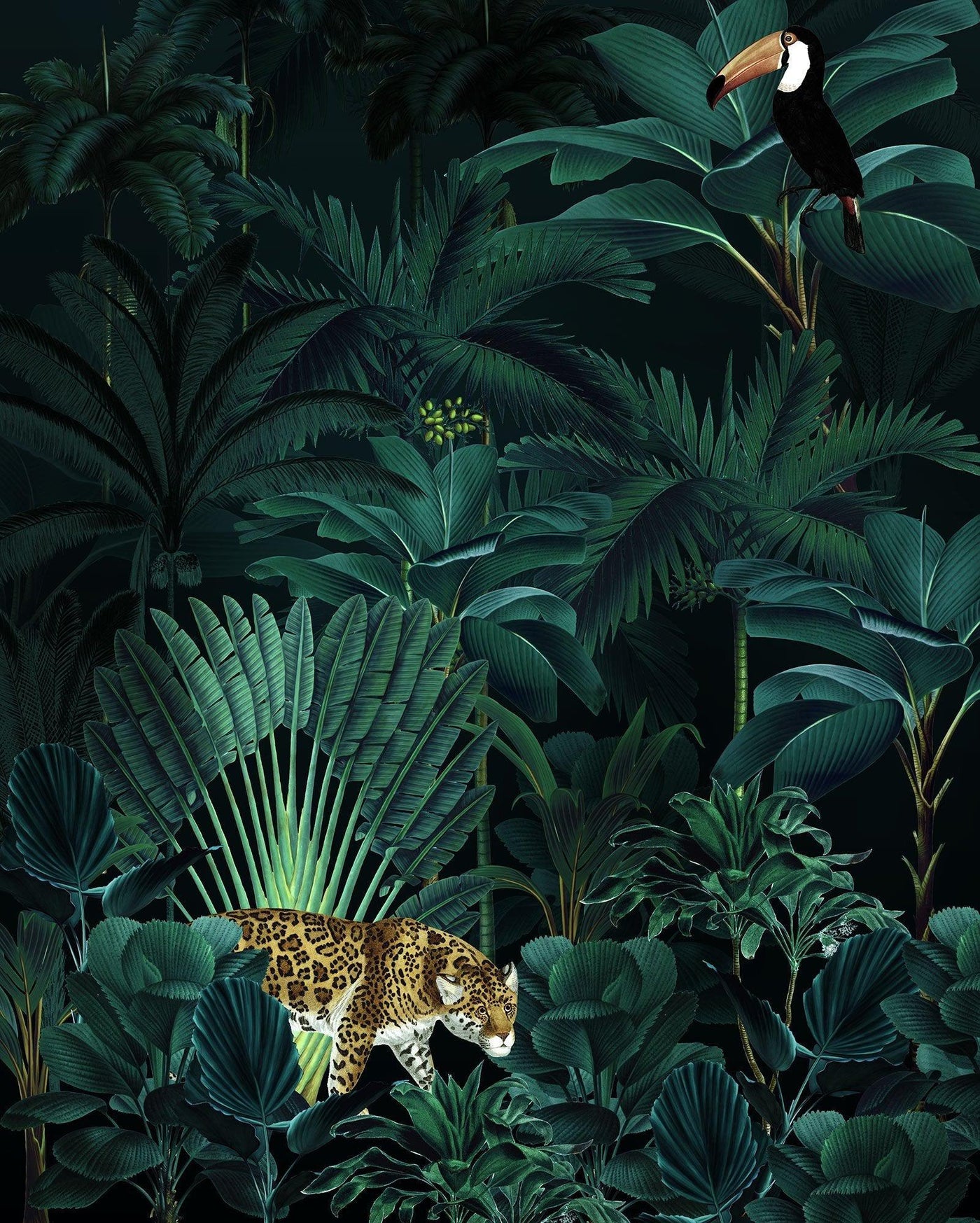 Jungle at Midnight Mural Wallpaper-Wall Decor-ECO MURALS, JUNGLE WALLPAPER, MURALS, MURALS / WALLPAPERS, NON-WOVEN WALLPAPER, TROPICAL MURAL, TROPICAL WALLPAPERS-Forest Homes-Nature inspired decor-Nature decor