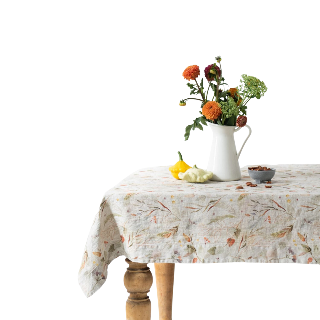 Leaves on Natural Linen Tablecloth