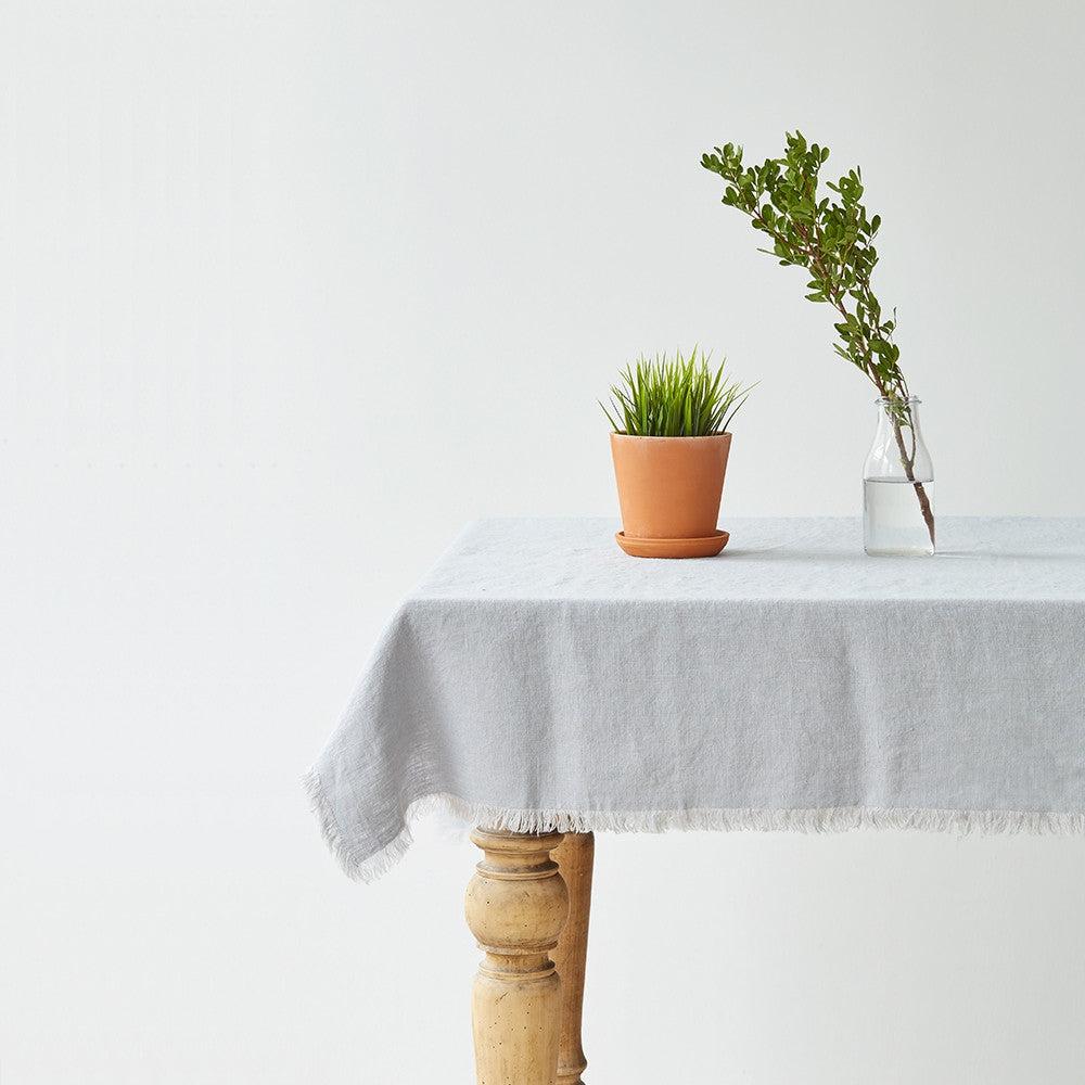 Light Grey Linen Tablecloth with Fringe