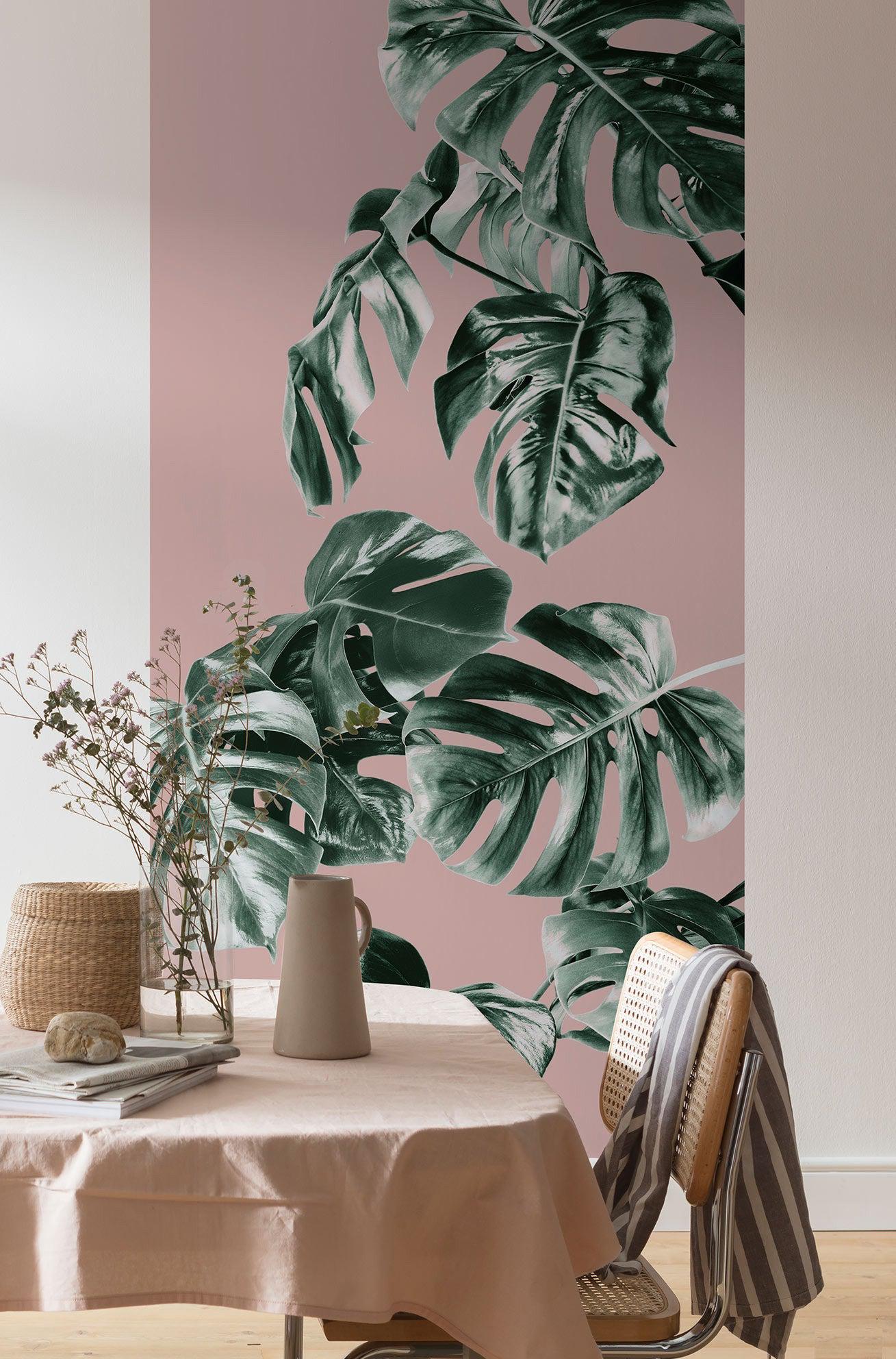 Pink Monstera Mural Wallpaper-Wall Decor-ECO MURALS, LEAF WALLPAPER, MURALS, MURALS / WALLPAPERS, NON-WOVEN WALLPAPER, TROPICAL MURAL-Forest Homes-Nature inspired decor-Nature decor