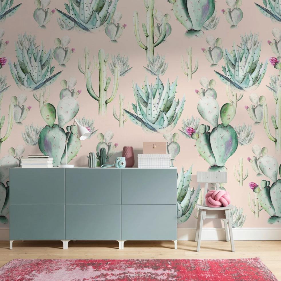 Rose Cactus Love Mural Wallpaper-Wall Decor-CACTUS WALLPAPERS, ECO MURALS, MURALS, MURALS / WALLPAPERS, NON-WOVEN WALLPAPER-Forest Homes-Nature inspired decor-Nature decor