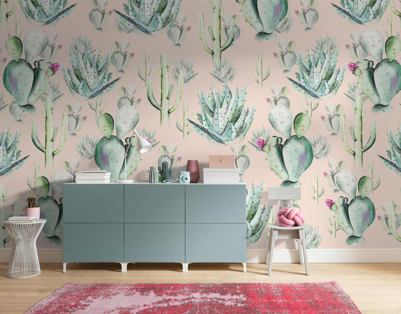 Rose Cactus Love Mural Wallpaper-Wall Decor-CACTUS WALLPAPERS, ECO MURALS, MURALS, MURALS / WALLPAPERS, NON-WOVEN WALLPAPER-Forest Homes-Nature inspired decor-Nature decor