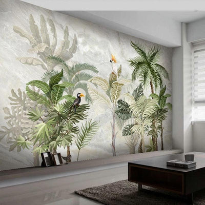 White Guacha Mural Wallpaper (m²)-Wall Decor-BIRD WALLPAPERS, JUNGLE WALLPAPER, LEAF WALLPAPER, MURALS / WALLPAPERS, TROPICAL MURAL-Forest Homes-Nature inspired decor-Nature decor