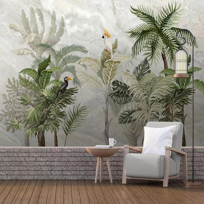 White Guacha Mural Wallpaper (m²)-Wall Decor-BIRD WALLPAPERS, JUNGLE WALLPAPER, LEAF WALLPAPER, MURALS / WALLPAPERS, TROPICAL MURAL-Forest Homes-Nature inspired decor-Nature decor