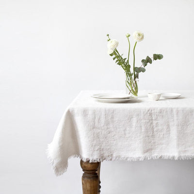 White Linen Tablecloth with Fringe