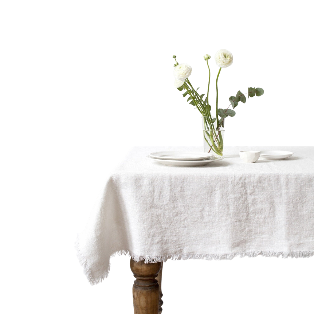 White Linen Tablecloth with Fringe