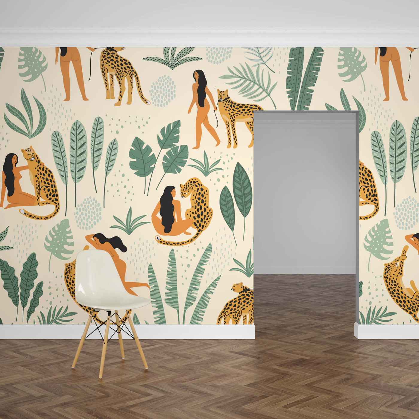 Woman in the Wild Mural Wallpaper (m²)-Wall Decor-LEAF WALLPAPER, MURALS, MURALS / WALLPAPERS, NATURE WALL ART, NON-WOVEN WALLPAPER, TROPICAL MURAL, TROPICAL WALLPAPERS-Forest Homes-Nature inspired decor-Nature decor